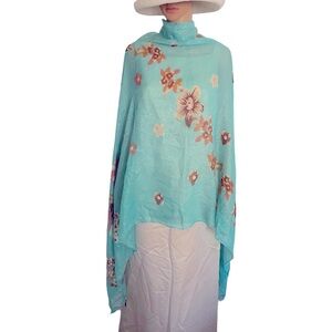 AL-KARAM Turkish Turquoise Floral Fringe Semi Sheer Summer Shawl Scarf Hijab